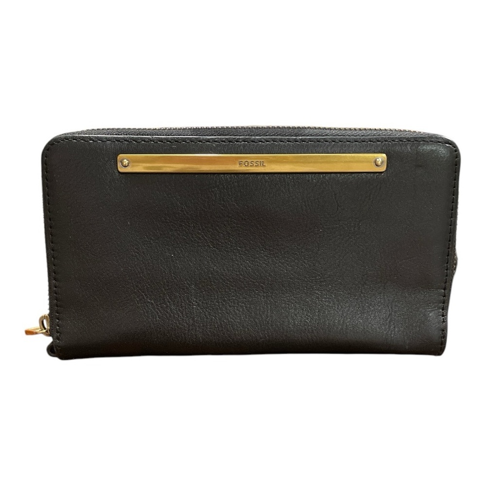 Fossil black leather zippy long wallet with brass hardware and name plate. FF
